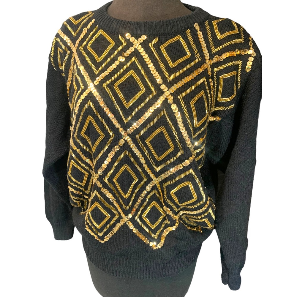 Vintage Alfred Dunner Beaded Sequin Sweater black / gold diamon argyle 70s / 80s
